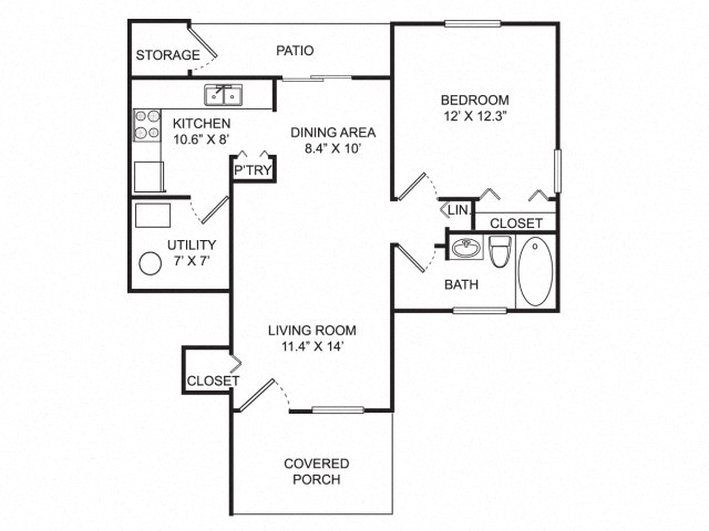 Floor plan for 1 bed, 1 bath, 780 sqft